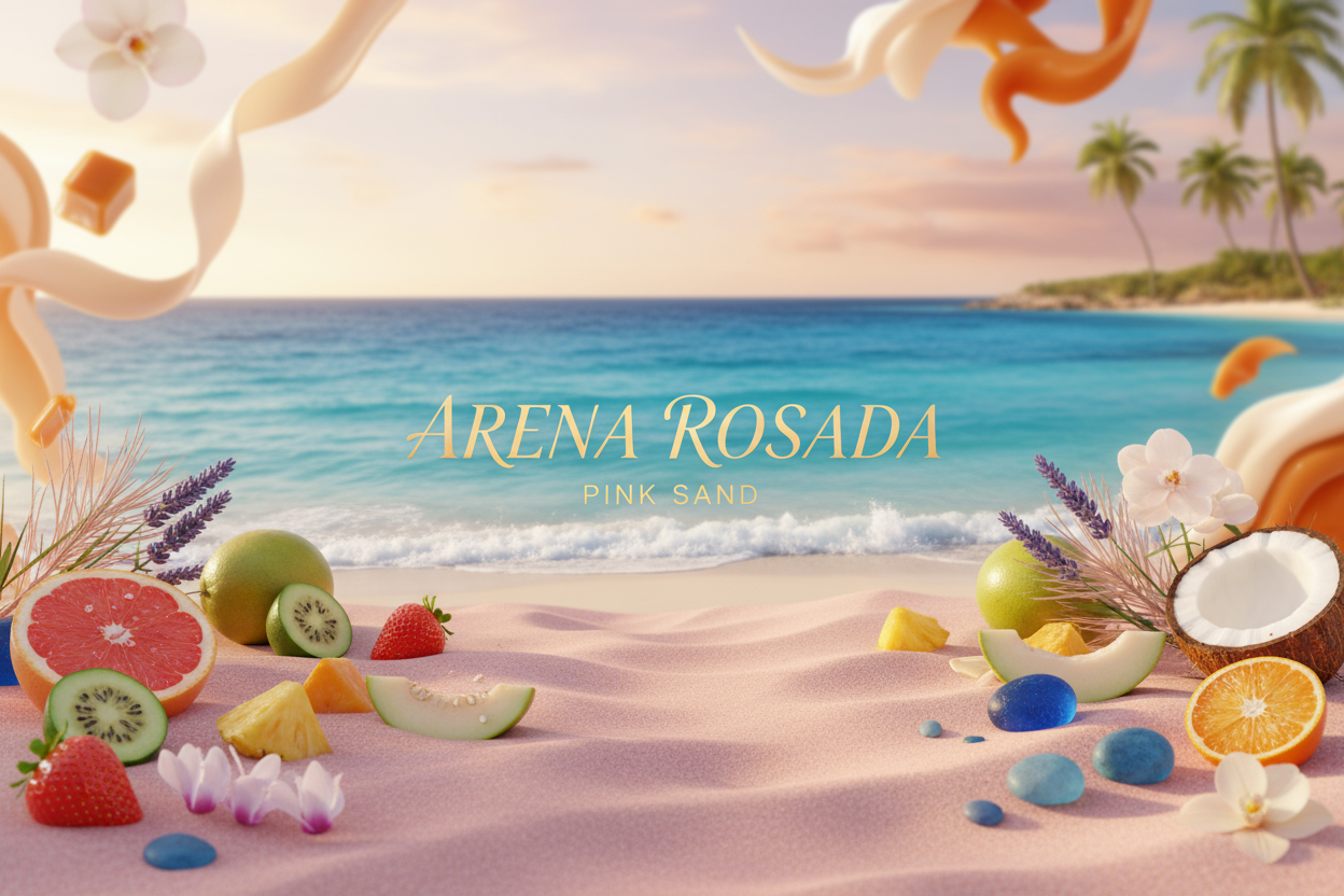 fondo de una esencia Arena rosada : Notas olfativas
Altas: Pomelo, Bergamota, Plátano Fei, Fresa, Melón Casaba, Piña Medias: lavanda marina, ciclamen acuoso, pino costero Bajas: Acorde de arena rosa, caramelo, coco, vainilla